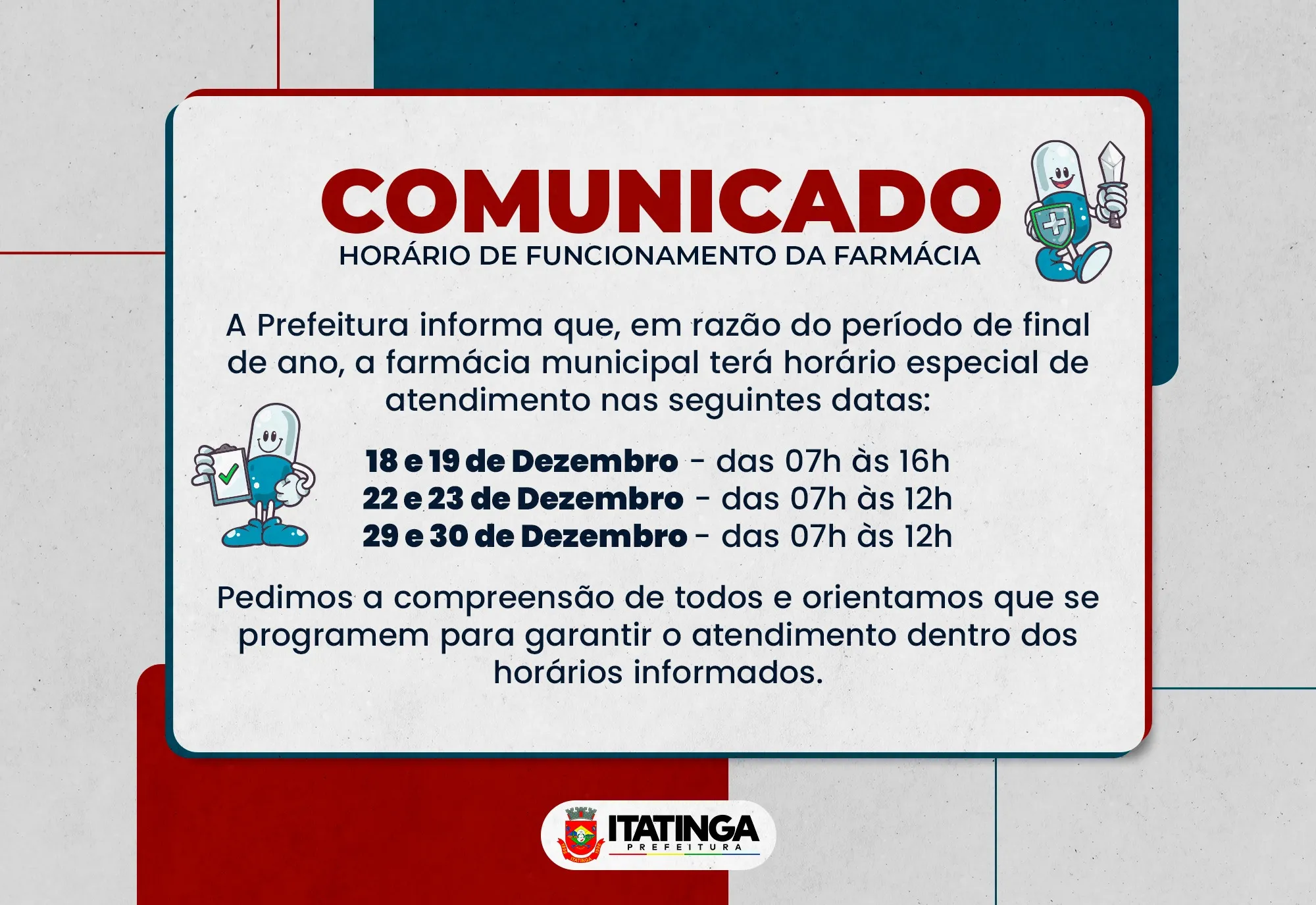ATENÇÃO – HORÁRIO DE FUNCIONAMENTO DA FARMÁCIA MUNICIPAL